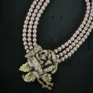 HEIDI DAUS Necklace Purple Crystal Blooming Rose Triple Strand Faux Pearl